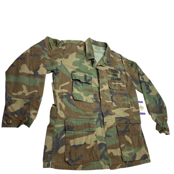 Vintage US ARMY Combat BDU Woodland Camo Field Jacket Shirt Ironside Patches - Picture 5 of 16